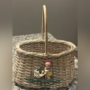 RARE Woven Basket Hand Painted with Girls and Duck